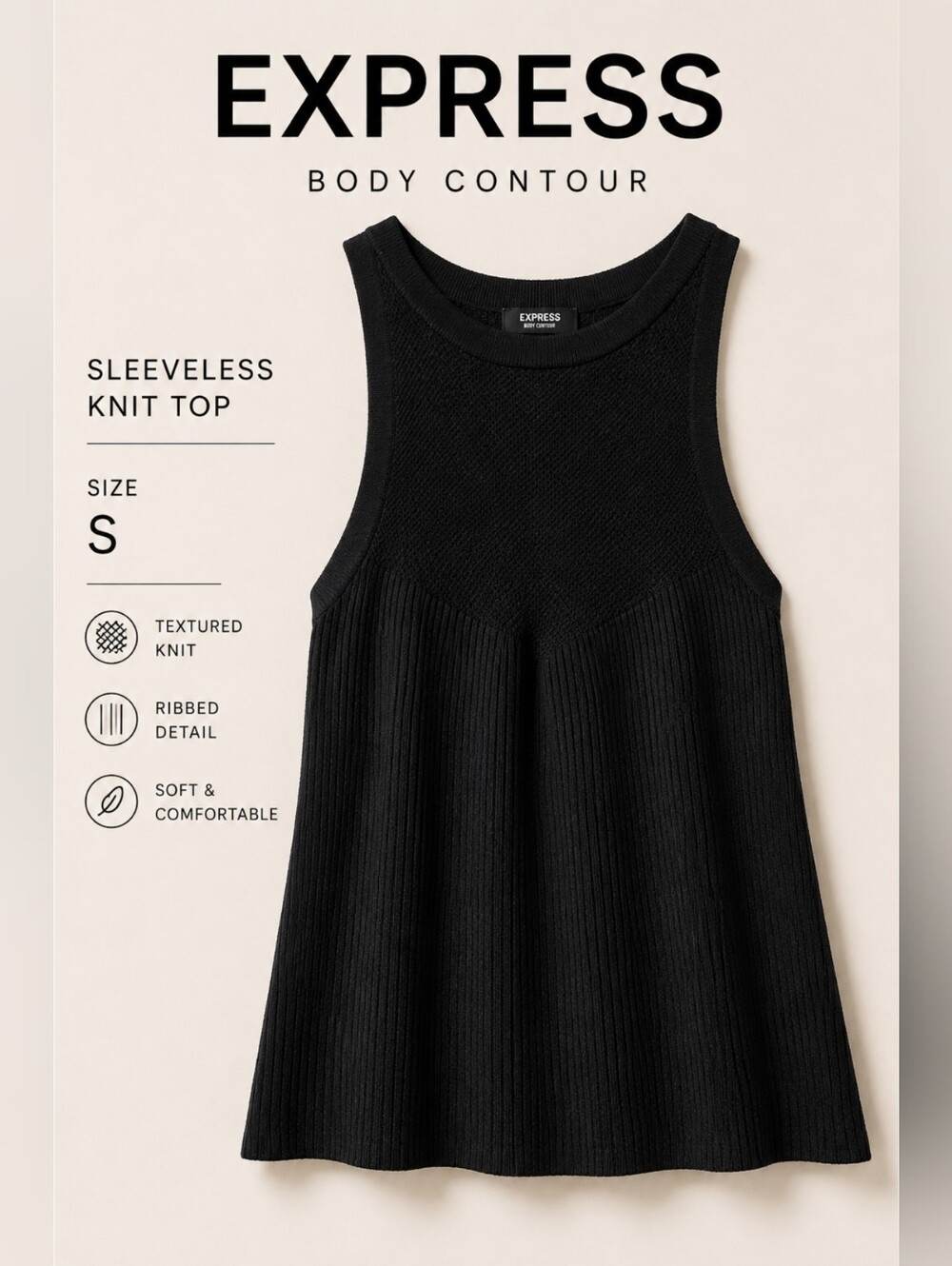 Express Body Contour Black Ribbed Knit Tank Top, Size Small